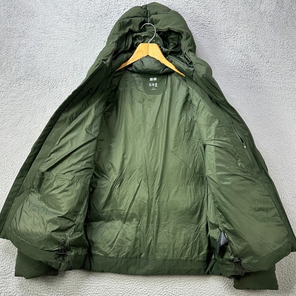 Uniqlo Men XL Jacket Seamless Down Parka Green Full Zip Hoodie Puffer Pocket EUC - Picture 4 of 9